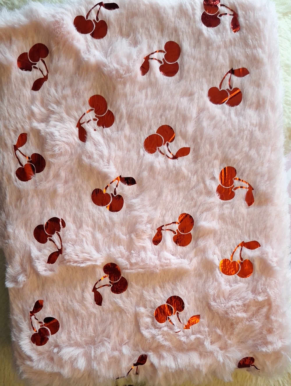 Pink Faux Fur Notebook with Shiny Cherry Motif